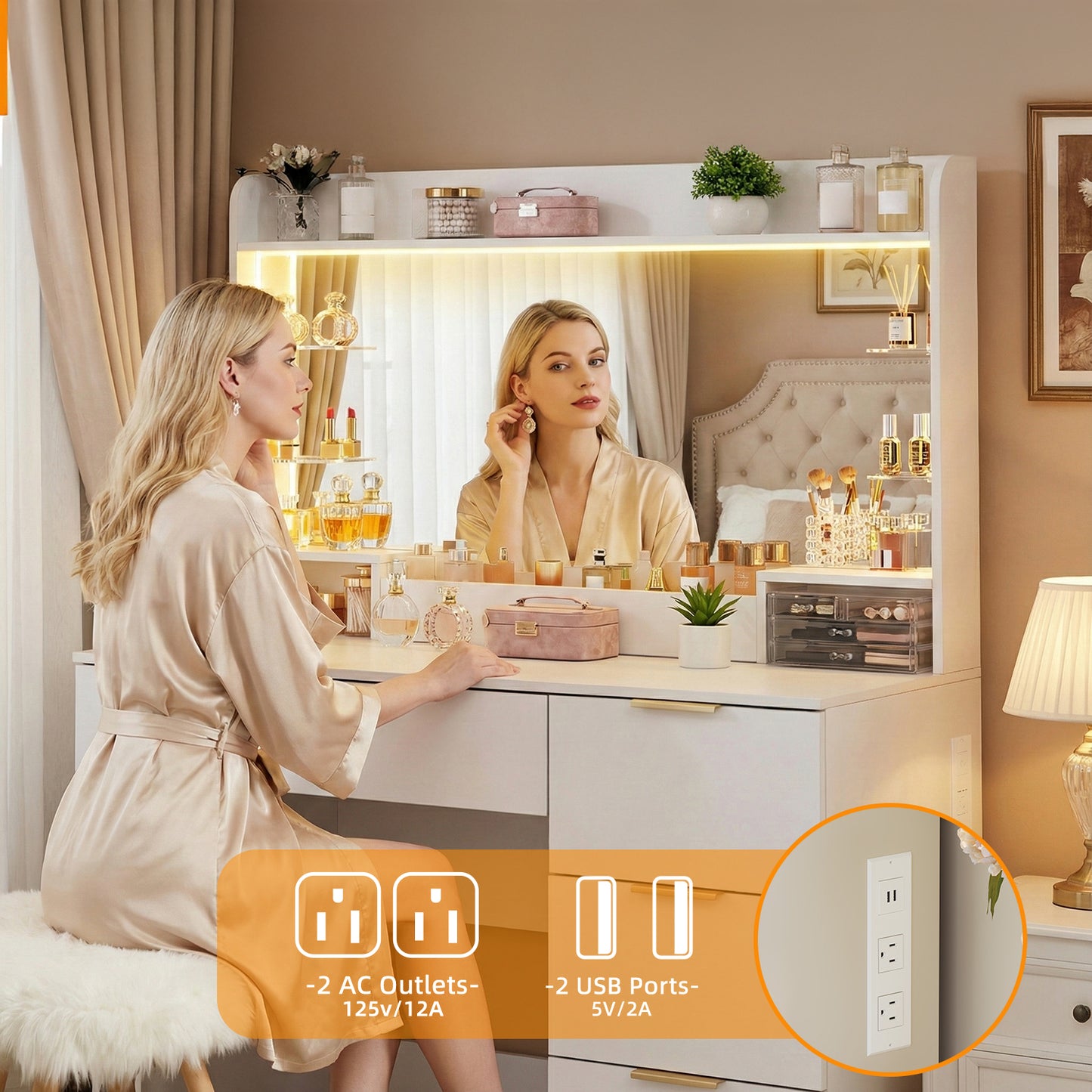 TOMNK Vanity Desk with Mirror, LED Lights and Power Outlet Makeup Vanity Table with 4 Drawers and 7 Storage Shelves Dressing Table for Bedroom Dressing Room (White)