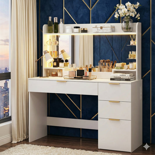 TOMNK Vanity Desk with Mirror, LED Lights and Power Outlet Makeup Vanity Table with 4 Drawers and 7 Storage Shelves Dressing Table for Bedroom Dressing Room (White)