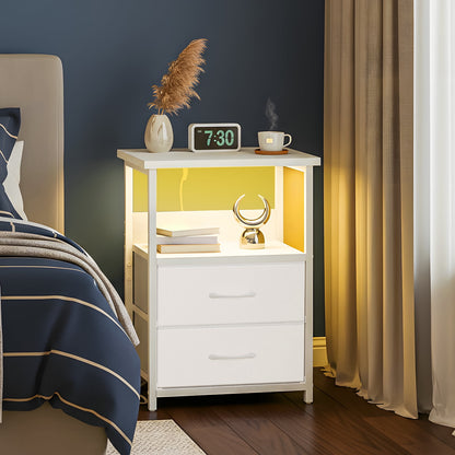 Fairy Night Stand with Charging Station, Bed Side Table, Nightstand with 2 Fabric Storage Drawers, White