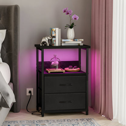 Fairy Night Stand with Charging Station, Bed Side Table, Nightstand with 2 Fabric Storage Drawers, Black