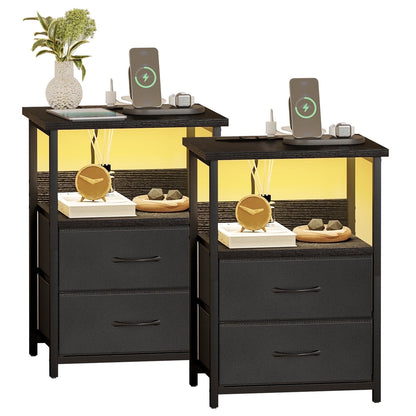 Fairy Night Stands Set of 2 with Charging Station, Bed Side Table, LED Nightstand with 2 Fabric Drawers, Black