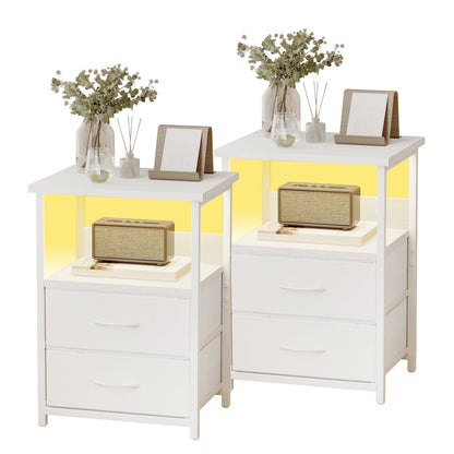 Fairy Night Stands Set of 2 with Charging Station, Bed Side Table, LED Nightstand with 2 Fabric Drawers, White