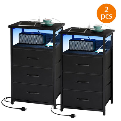 Fairy Night Stands Set of 2 with Charging Station, Bed Side Table, LED Nightstand with 3 Fabric Drawers, Black