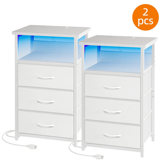 Fairy Night Stands Set of 2 with Charging Station, Bed Side Table, LED Nightstand with 3 Fabric Drawers, White