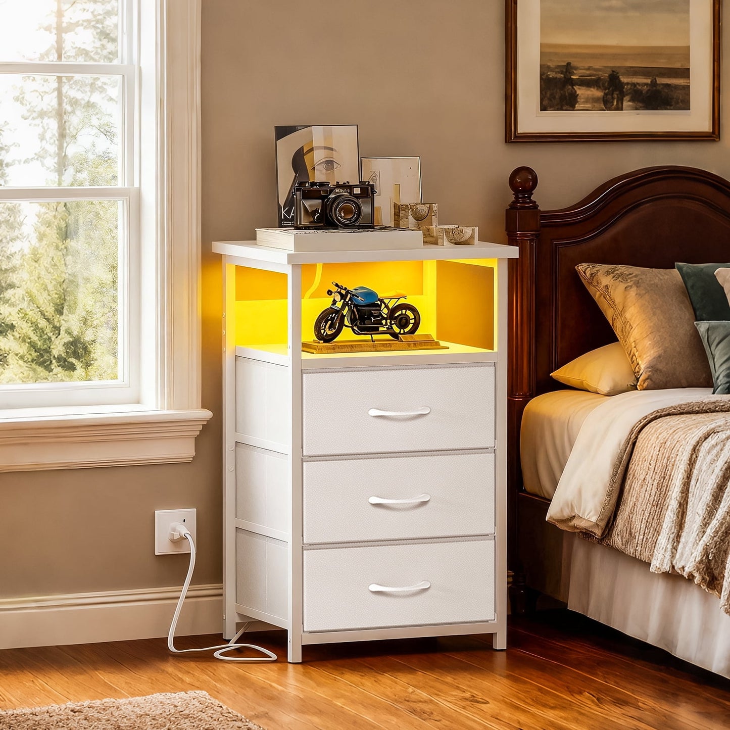 Fairy Night Stand with Charging Station, Bed Side Table, Nightstand with 3 Fabric Storage Drawers, White