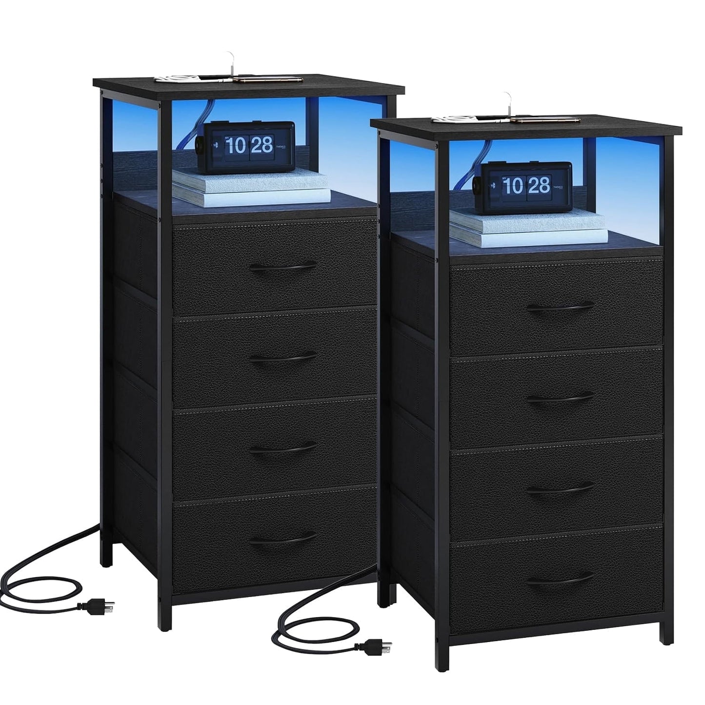 Fairy Nightstand Set of 2, 4 Drawer Night Stand with Charging Station, LED Bedside Table, Storage Side Table for Bedroom, Black
