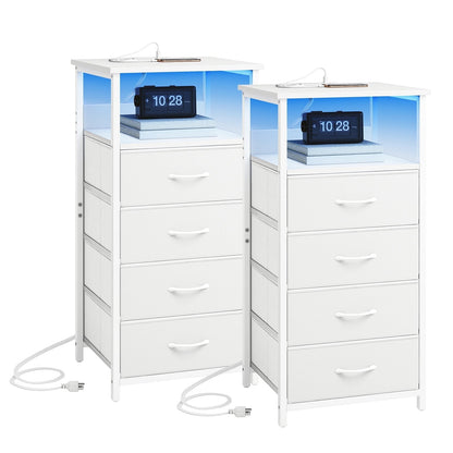 Fairy Nightstand Set of 2, 4 Drawer Night Stand with Charging Station, LED Bedside Table, Storage Side Table for Bedroom, White