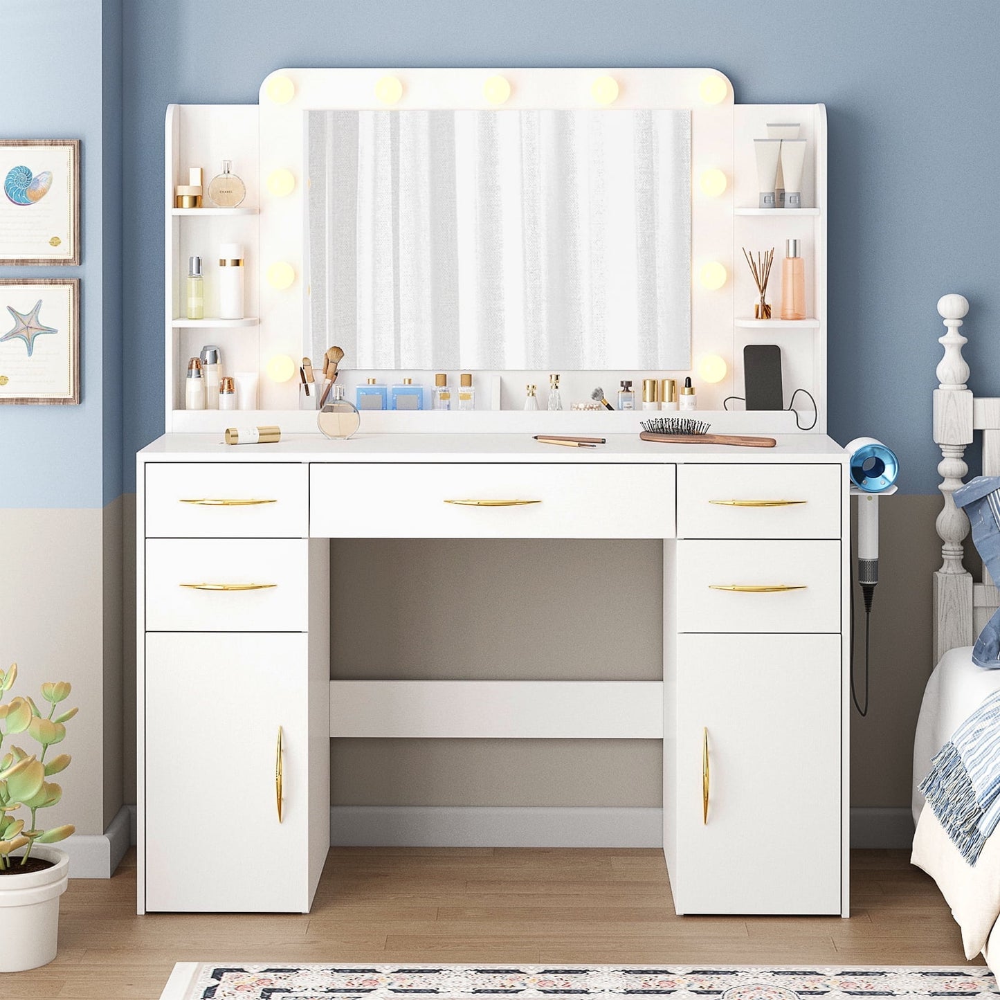 Make up Vanity Desk with Mirror, Vanity with Adjustable Lights and Power Outlet, Vanity Table with 5 Drawers 2 Cabinets and Shelves
