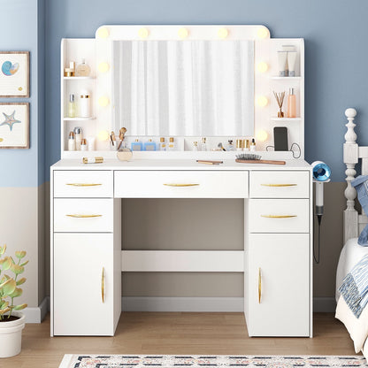 Make up Vanity Desk with Mirror, Vanity with Adjustable Lights and Power Outlet, Vanity Table with 5 Drawers 2 Cabinets and Shelves