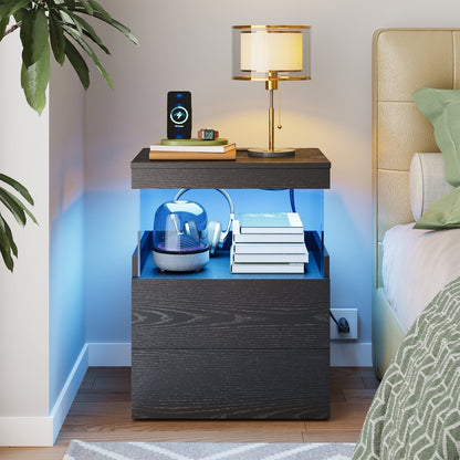 TOOMNK Black Nightstand with Charging Station, Bedside Table for Bedroom, LED Nightstand, Modern Night Stand with Drawers, Black