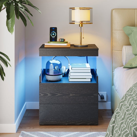 TOOMNK Black Nightstand with Charging Station, Bedside Table for Bedroom, LED Nightstand, Modern Night Stand with Drawers, Black