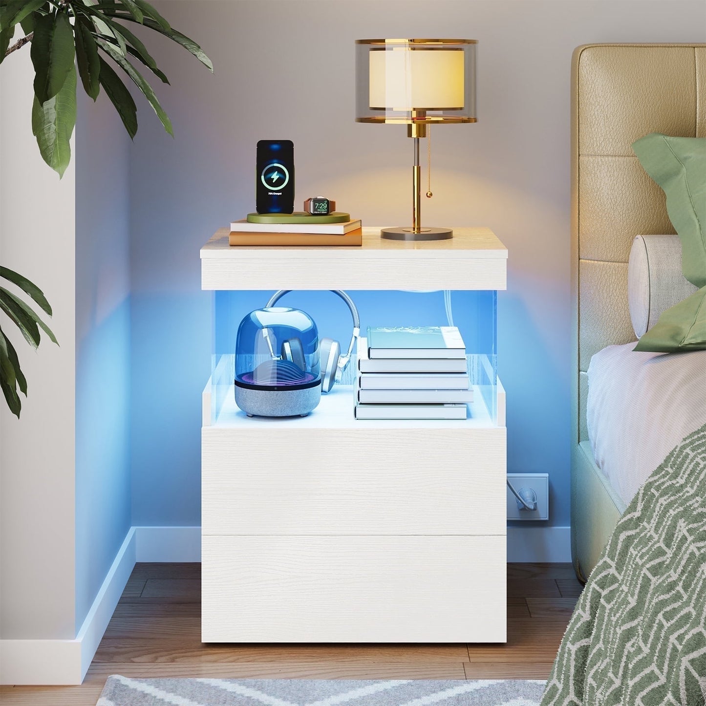 TOOMNK White Nightstand with Charging Station, Bedside Table for Bedroom, LED Nightstand, Modern Night Stand with Drawers, White