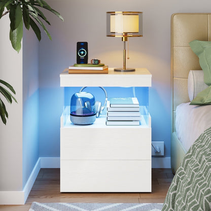 TOOMNK White Nightstand with Charging Station, Bedside Table for Bedroom, LED Nightstand, Modern Night Stand with Drawers, White