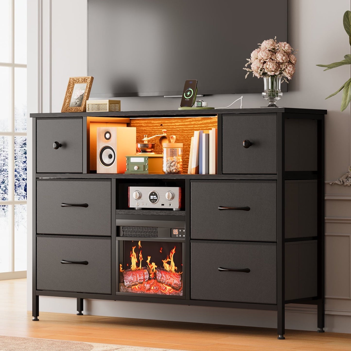 TOMNK 43" Modern Fireplace TV Stand with 13" Electric Fireplace for TVs Up to 66 inch, Luxury LED Light Entertainment Center with High Gloss Cabinet, TV Consoles for Living Room, Black