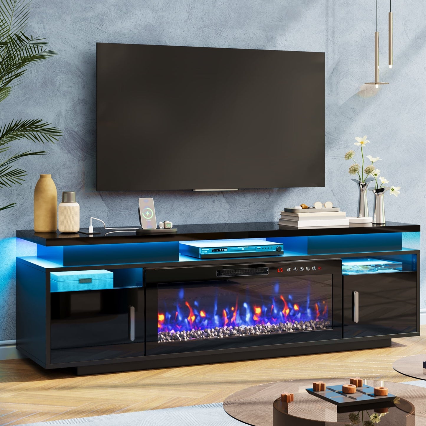 TOMNK 67" Modern Fireplace TV Stand with 36" Electric Fireplace for TVs Up to 80 inch, Luxury LED Light Entertainment Center with High Gloss Cabinet, TV Consoles for Living Room, Black