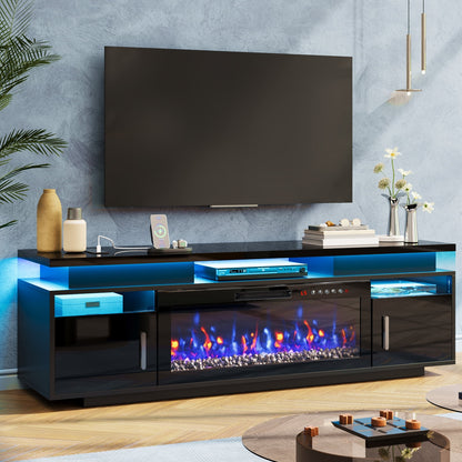 TOMNK 67" Modern Fireplace TV Stand with 36" Electric Fireplace for TVs Up to 80 inch, Luxury LED Light Entertainment Center with High Gloss Cabinet, TV Consoles for Living Room, Black