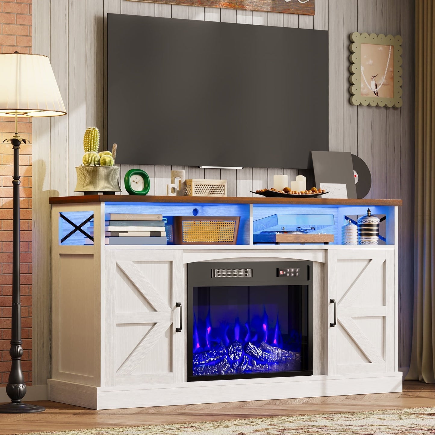 TOMNK Fireplace TV Stand for Television up to 65+ Inch with Storage and Farmhouse Sliding Barn Doors, Entertainment Center with Cabinet and Shelves, Media Console for Living Room, White