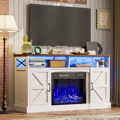 TOMNK Fireplace TV Stand for Television up to 65+ Inch with Storage and Farmhouse Sliding Barn Doors, Entertainment Center with Cabinet and Shelves, Media Console for Living Room, White