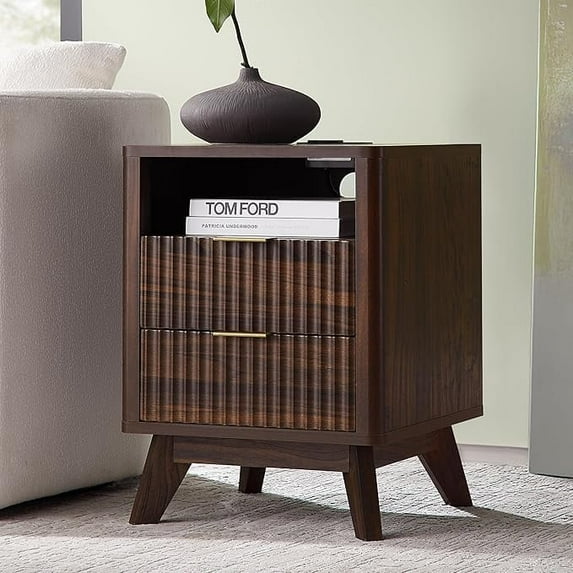 TOMNK Fluted Nightstand with Charging Station, 18" Modern Side Table, 2 Drawers End Table with Storage, Bedside Table for Bedroom, Living Room, Curved Profile Design, Dark Walnut