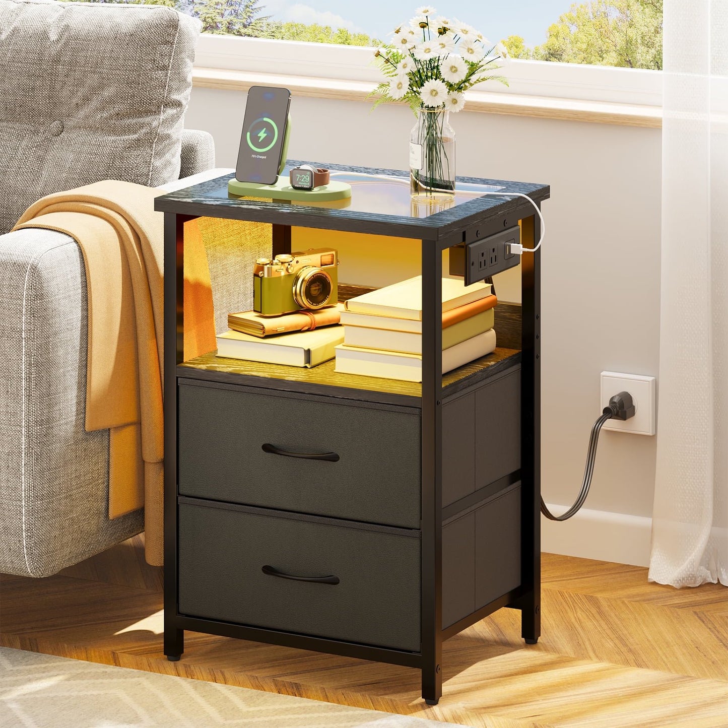 TOMNK Nightstand with LED Lights & Charging Station, Side Table with Tempered Glass Top, USB Ports & Outlets, Fabric Drawers for Bedroom/Living Room, Black
