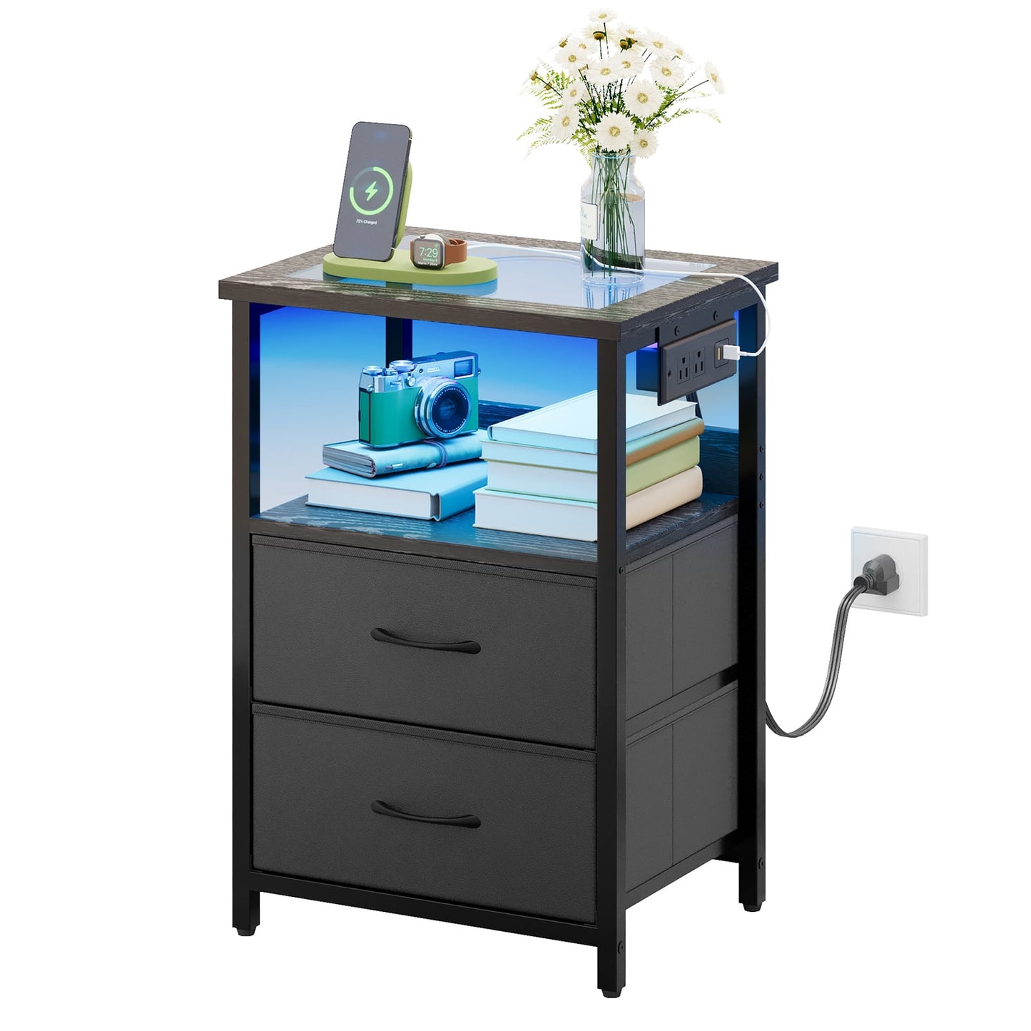 TOMNK Nightstand with LED Lights & Charging Station, Side Table with Tempered Glass Top, USB Ports & Outlets, Fabric Drawers for Bedroom/Living Room, Black