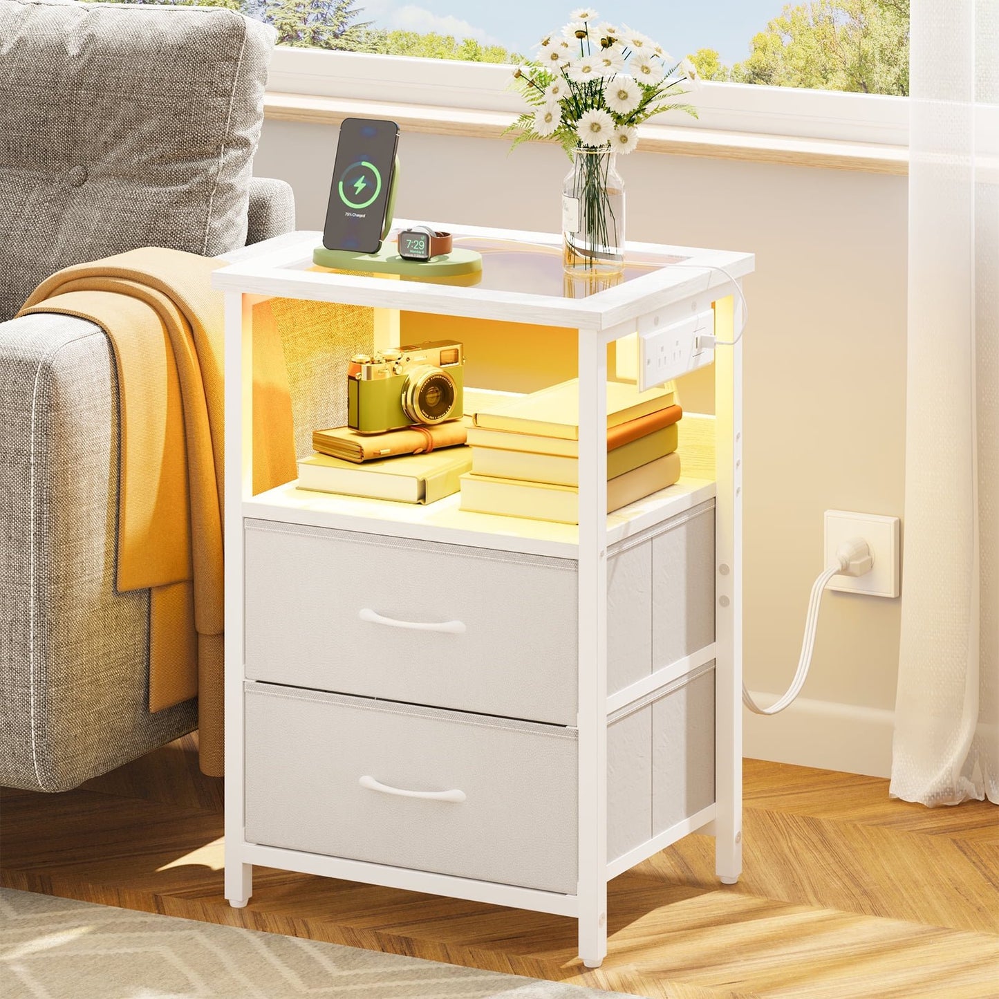 TOMNK Nightstand with LED Lights & Charging Station, Side Table with Tempered Glass Top, USB Ports & Outlets, Fabric Drawers for Bedroom/Living Room, White