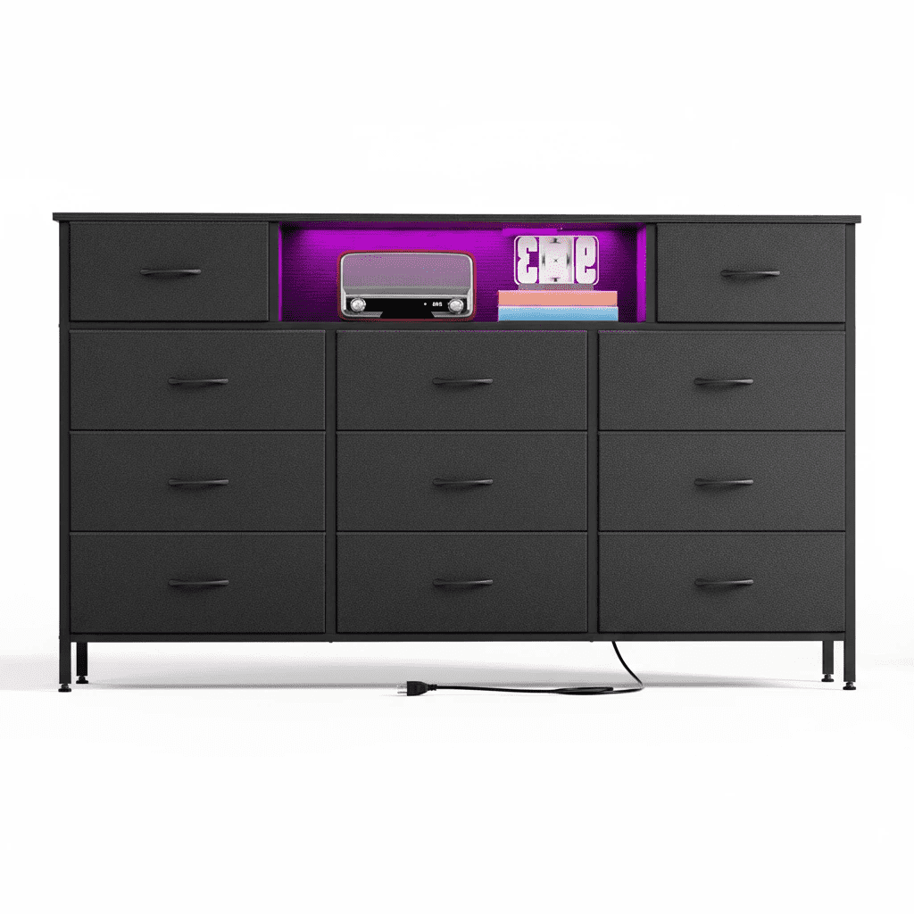 TOMNK White Dresser TV Stand for 59 inch TV, Entertainment Center with LED Lights & Charging Station, Chest of Drawers with 11 Fabric Drawers and Open Shelves for Living Room, Hallway, Wood Top