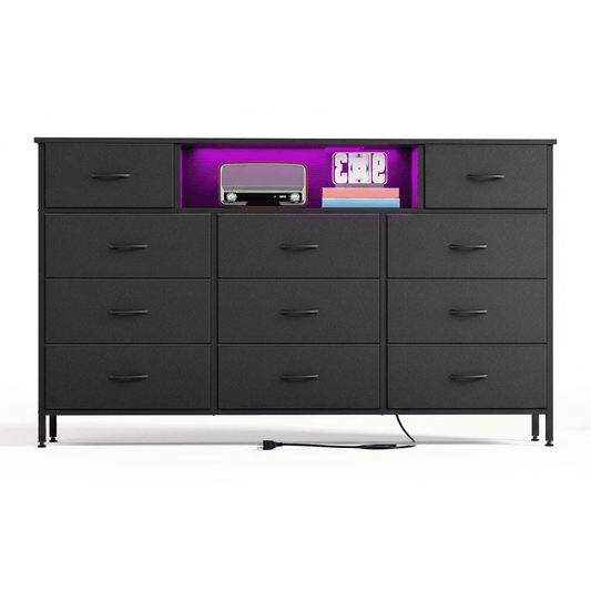 TOMNK White Dresser TV Stand for 59 inch TV, Entertainment Center with LED Lights & Charging Station, Chest of Drawers with 11 Fabric Drawers and Open Shelves for Living Room, Hallway, Wood Top