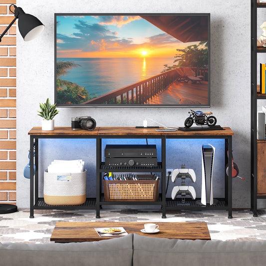 Tomnk TV Stand for TVs up to 55 Inch, Entertainment Center with Open Storage Shelves, Media Console Table with Soundbar Shelf for Living Room, Bedroom, Rustic Brown