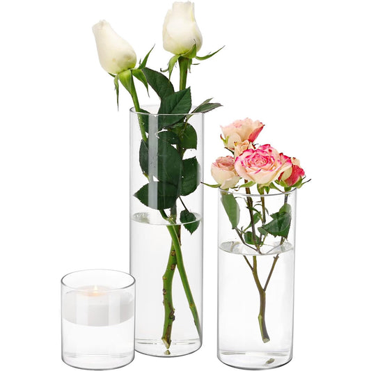 Tomnk 3Pcs Cylinder Vases for Centerpieces, Different Sizes Tall Clear Vases for Wedding Centerpieces, 4'' + 8'' + 12''(High), Clear