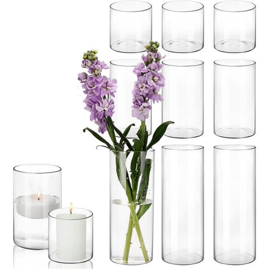 Tomnk 9 Pack Glass Cylinder Vase 4, 8,12 Inch Tall Clear Vases for Wedding Centerpieces Hurricane Candle Holder Flower Glass Vases for Party Event Home Office Decor
