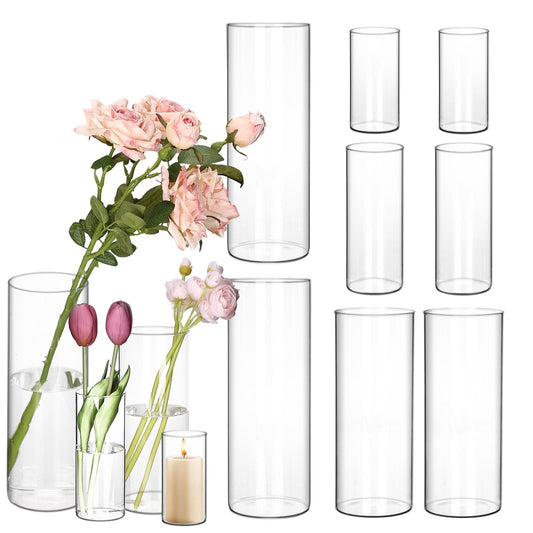 Tomnk Clear Glass Cylinder Hurricane Candle Holder Vases Set of 12 (4"+6"+8"+10"High)