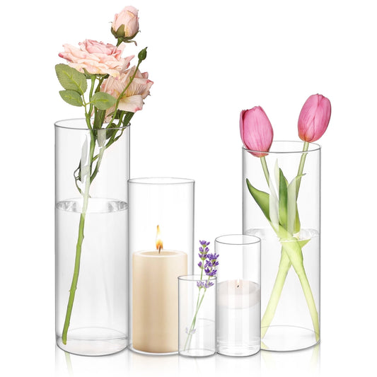 Tomnk Clear Glass Cylinder Hurricane Candle Holder Vases Set of 5 (4"+6"+8"+10"+12"High)