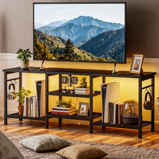 Tomnk TV Stand for 55in TV, Entertainment Center for Living Room Bedroom, with Charging Station and Lights (Black)