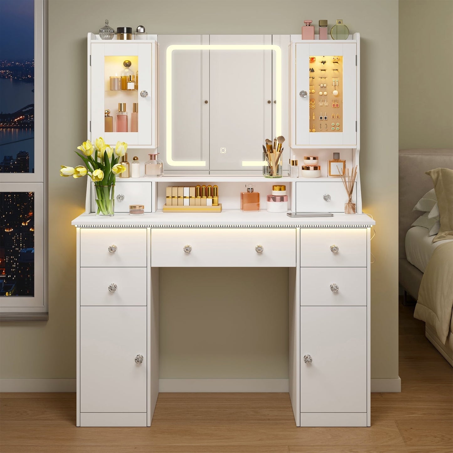 Tomnk woo 42" Vanity Desk with LED Mirror, RGB Lights, 7 Drawers, 2 Cabinets, Adjustable Brightness, White