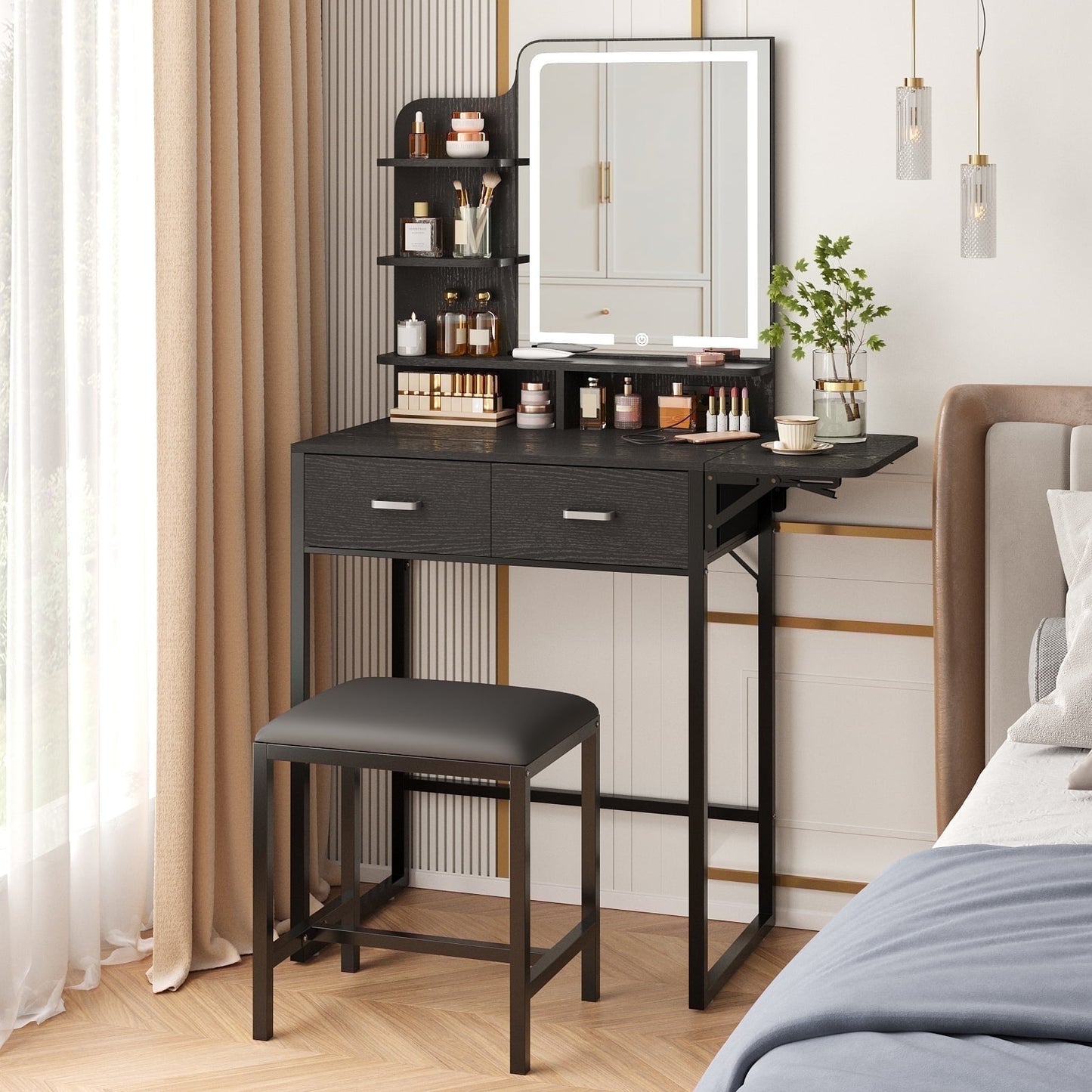 Tomnk woo Black Vanity Desk with Mirror, LED Lights, Storage Shelves, Drawers & Chair
