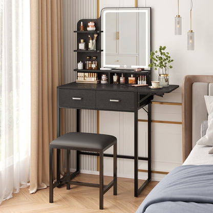 Tomnk woo Black Vanity Desk with Mirror, LED Lights, Storage Shelves, Drawers & Chair