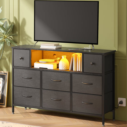 Tomnk woo Black Dresser with LED Lights and Power Outlets, 55" TV Stand with 8 Drawers for Bedroom, Living Room
