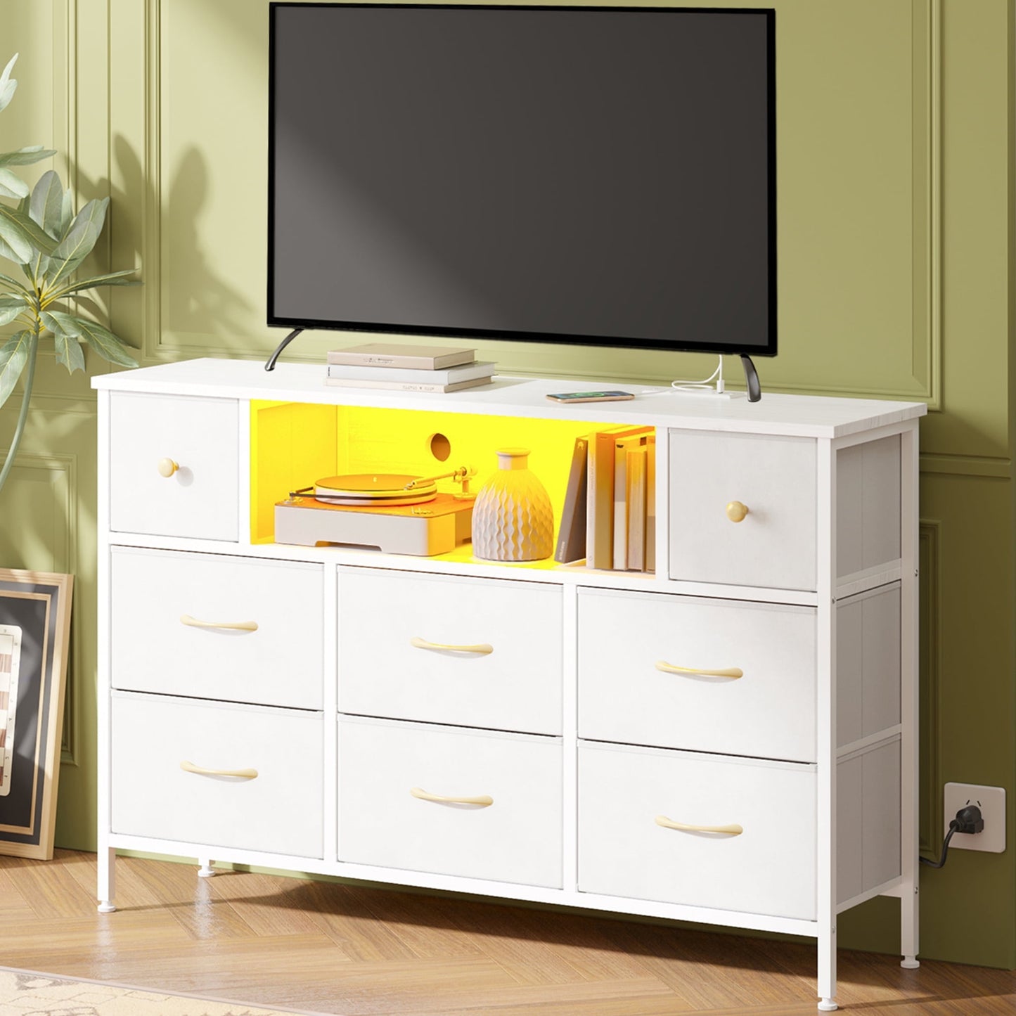 Tomnk woo White Dresser with LED Lights and Power Outlets, 55" TV Stand with 8 Drawers for Bedroom, Living Room