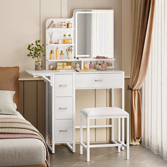 Tomnk woo Makeup Vanity Desk with LED Mirror, Lights, 4 Drawers, USB Ports & Stool, White