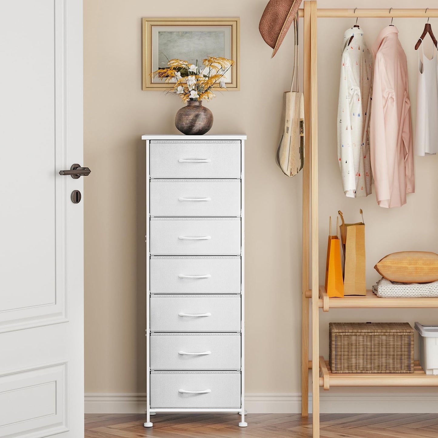 Tomnk woo Tall Dresser with 7 Fabric Drawers, Storage Organizer for Bedroom, Entryway, Hallway, White