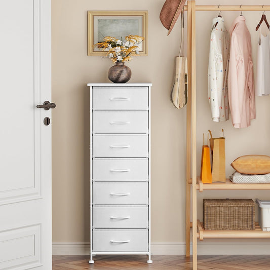 Tomnk woo Tall Dresser with 7 Fabric Drawers, Storage Organizer for Bedroom, Entryway, Hallway, White