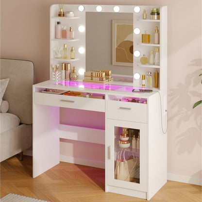 Tomnk woo White Vanity Desk with Mirror & Lights, Power Outlet, 3 Colors, 2 RGB Drawers, 6 Shelves