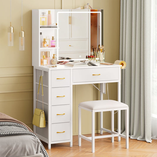 TOMNK Vanity Desk with Mirror Lights, 5 Drawers, Stool, Charging Station, Hooks & Hair Dryer Holder, White