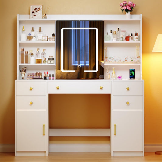 Tomnk woo Vanity Desk with Sliding LED Mirror, 3 Light Modes, 5 Drawers, 2 Cabinets, White, for Bedroom