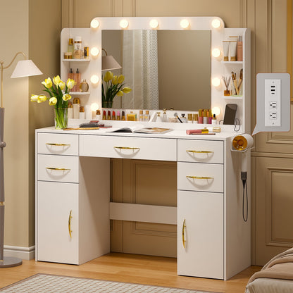 Tomnk woo White Vanity Desk with Mirror, Lights, Drawers, Cabinets, Shelves & Power Outlet,45.5"