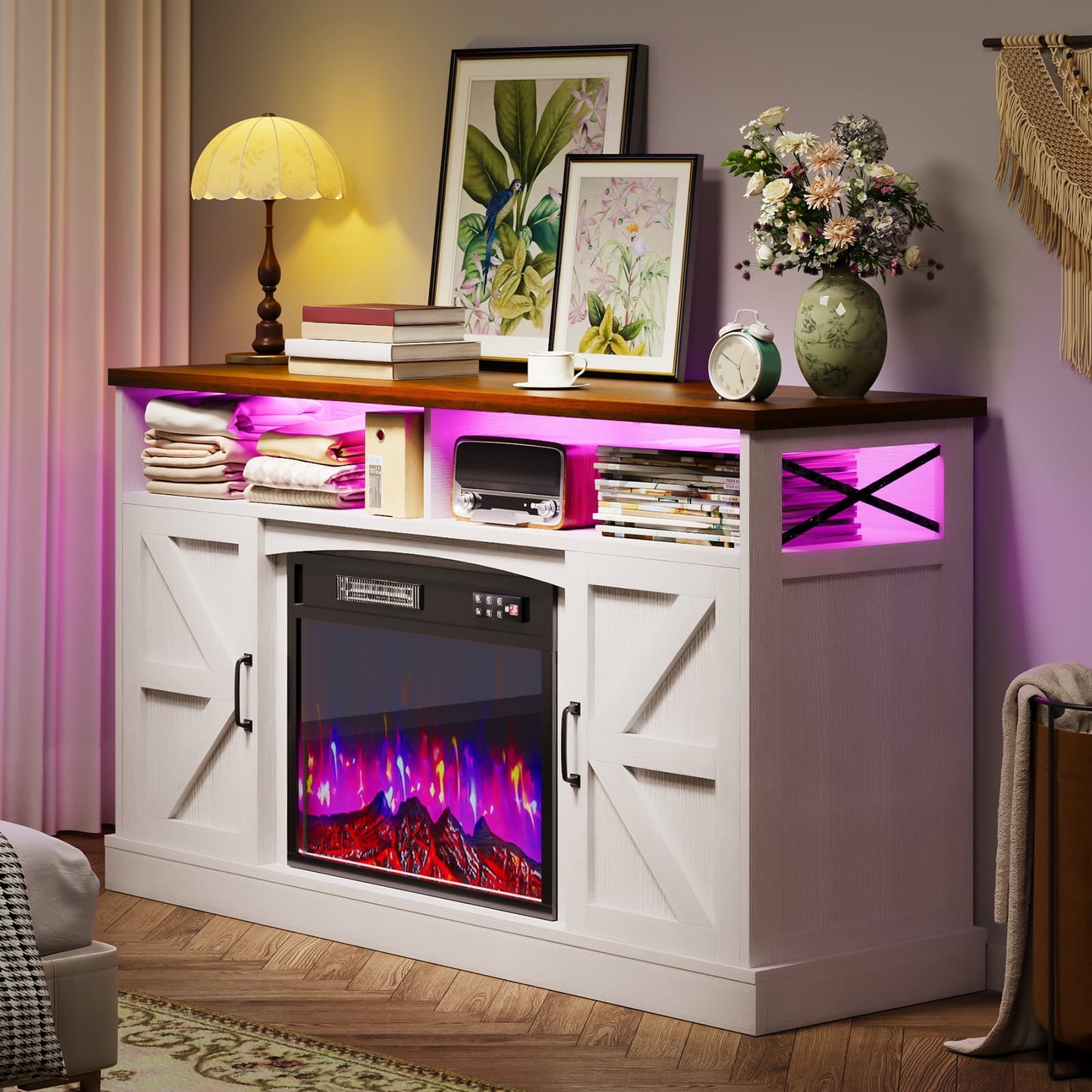 TOMNK Fireplace TV Stand for Television up to 65+ Inch with Storage and Farmhouse Sliding Barn Doors, Entertainment Center with Cabinet and Shelves, Media Console for Living Room, White