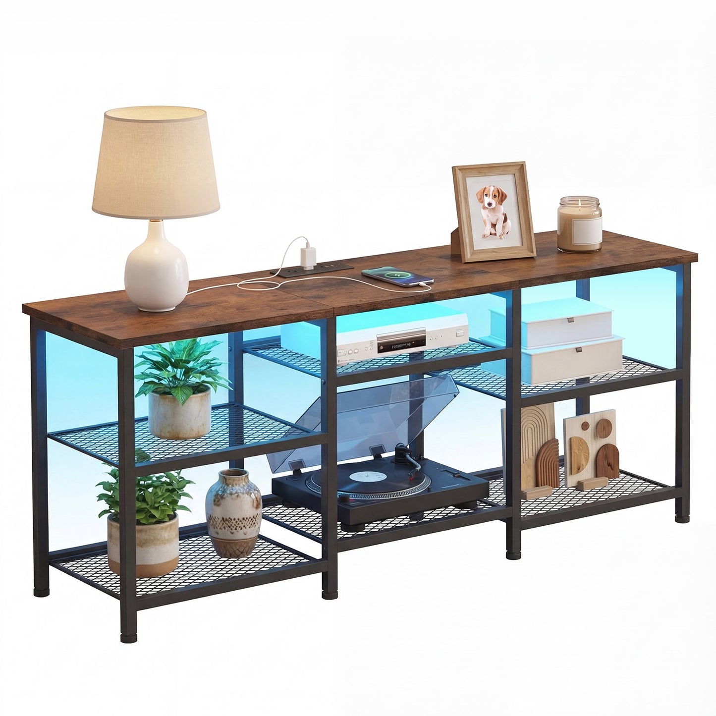 Tomnk TV Stand for TVs up to 55 Inch, Entertainment Center with Open Storage Shelves, Media Console Table with Soundbar Shelf for Living Room, Bedroom, Rustic Brown