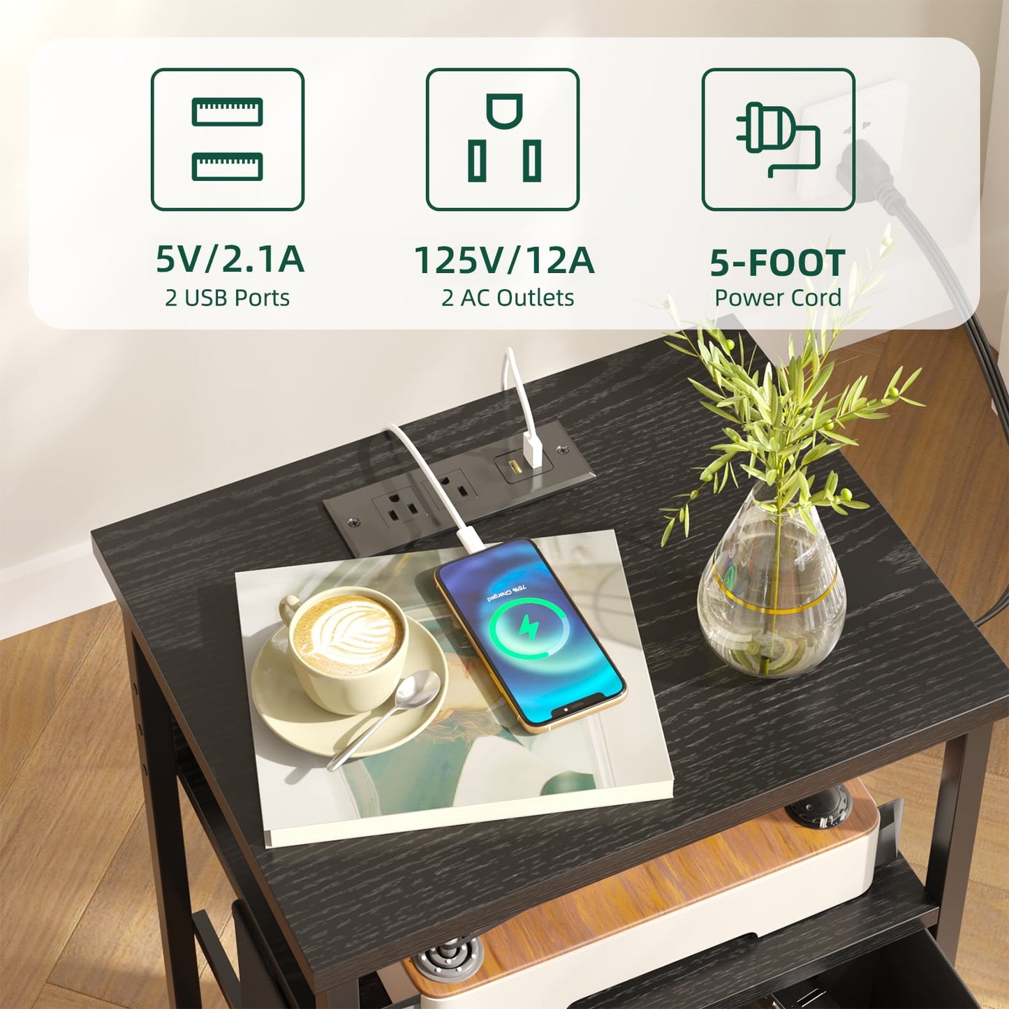 Tomnk Woo Night Stand Set of 2, Nightstand with Charging Station, End Table, Bed Side Table, Black