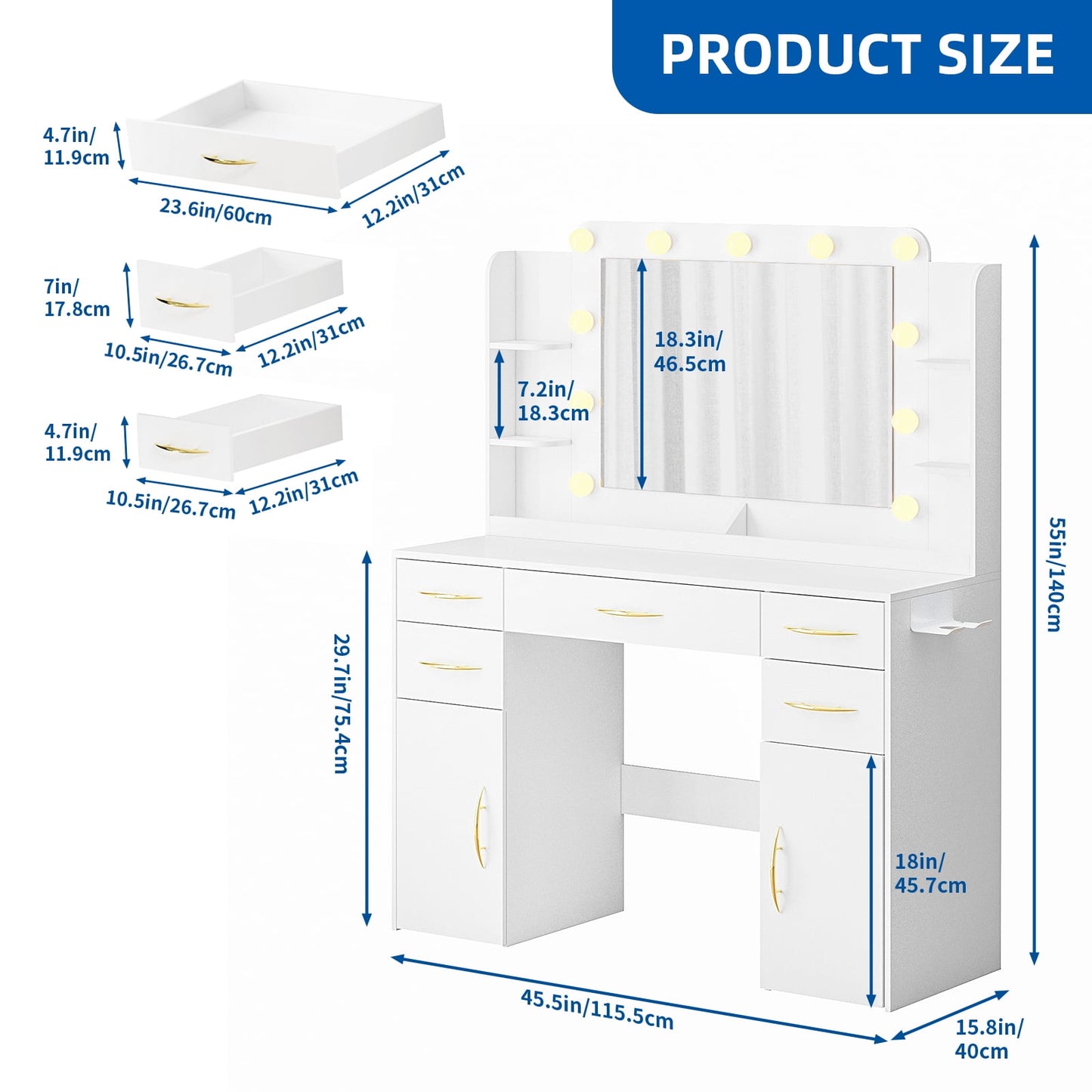 Make up Vanity Desk with Mirror, Vanity with Adjustable Lights and Power Outlet, Vanity Table with 5 Drawers 2 Cabinets and Shelves